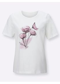 Dames Shirt met korte mouwen en op dessin geplaatste print in oudroze geprint ,maat 38, WITT, 100% Katoen