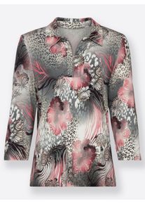 Dames Poloshirt van elastische viscose in flamingo/steengrijs bedrukt ,maat 38, WITT, 92% Viscose, 8% Elastan