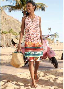Comtessa Dames Zomerjurk met druppelvormige hals in bont gedessineerd ,maat 36/38, Witt, 96% Viscose, 4% Elastan