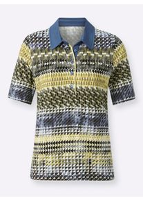 Dames Poloshirt van viscose-stretch, bedrukt in jeansblauw/pistache bedrukt ,maat 38, WITT, 95% Viscose, 5% Elastan
