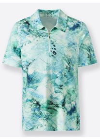 Dames Poloshirt met goudkleurige rits in mint/jeansblauw bedrukt ,maat 38, WITT, 95% Viscose, 5% Elastan