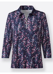 Dames Poloshirt met glinsterende steentjes in nachtblauw/hortensia bedrukt ,maat 38, WITT, 95% Polyester, 5% Elastan
