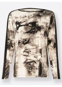 Dames Shirt met lange mouwen en boothals in zand/zwart bedrukt ,maat 36, WITT, 95% Viscose, 5% Elastan