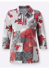 Damen 3/4-Arm-Shirt mit Glitzersteinchen in erdbeere-steingrau-bedruckt ,Gr&ouml;&szlig;e 42, WITT, 100% Baumwolle