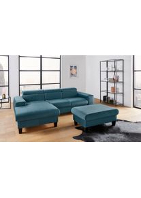 COTTA Polstergarnitur »Morven«, (Set), Set: Bestehend Aus Ecksofa Und Hocker, Kopfteilverstellung blau Samtvelours, Set: bestehend aus Ecksofa und...
