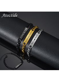 Atoztide Personalized Engrave Words Name Bar Nameplate Bracelet Stainless Steel For Men Women Adjustable Link Chain Jewelry Gift
