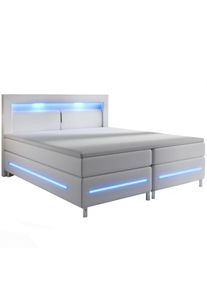 Juskys Rugós ágy Norfolk 180 x 200 cm fehér - LED sávokkal és rugós matraccal