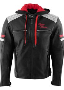 Rusty Stitches Jari Hooded V2, casaco de couro , cor: Preto/Cinzento Claro/Vermelho , tamanho: S