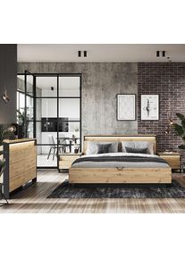 Set Mobila Dormitor din pal, cu pat 200 x 180 cm, 4 piese Quant Stejar Artisan / Negru