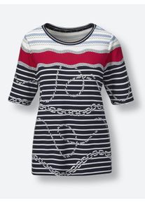 CREATION L PREMIUM Dames Gestreept shirt met digitale print in marine/rood gestreept ,maat 36, Witt, 95% Modal, 5% Elastan