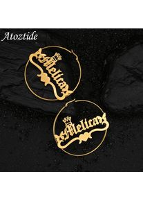 Atoztide Custom Name Hoop Earrings Personalized Gold Color Stainless Steel Crown for Women Letter Nameplate Circle Jewelry Gift