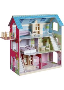 Roba® Puppenhaus »Puppenvilla«, Inkl. 16 Puppenmöbel bunt, Puppen-Traumhaus mit drei geräumigen und glamourös gestalteten Etagen