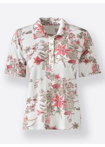 Dames Poloshirt met sierknopen in flamingo/ecru bedrukt ,maat 38, WITT, 95% Viscose, 5% Elastan