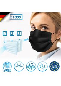 Virshields® Masque Chirurgical - 1000 Pièces,Type IIR, Noir, BFE ≥ 98%, DIN EN 14683, Made in EU, 3 Couches - Masque Jetable, Médical Adulte,