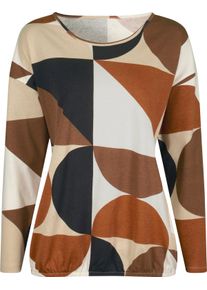 Dames Shirt met ronde hals en elastische zoom zand/cognac bedrukt Maat 40