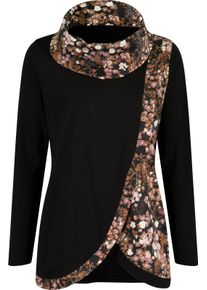 Dames Lang shirt met bloemenprint zwart/cognac bedrukt Maat 48