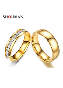 SHOUMAN Gold Color Lover Crystal Stainless Steel Rings for Men Women Wedding Band Custom Engrave Name Charm Gift