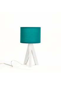 Licht-Erlebnisse - Lampe de table sur trépied en bois blanc au design scandinave avec abat-jour en tissu bleu pétrole E14 - Blanc, Essence - Blanc,