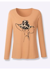 Dames Shirt met lange mouwen en print voor in camel ,maat 38, WITT, 100% Katoen