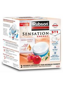 Rubson - Sensation Energy, Parfum Fruits, 2 Recharges universelles de 300 g pour absorbeur d'humidité, Recharge 3-en-1 anti-humidité & anti-odeur et