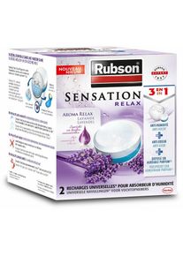 Rubson - Sensation Relax, 2 Recharges Universelles Parfum Lavande de 300 g pour absorbeur d'humidité, Recharge 3-en-1 anti-humidité & anti-odeur et
