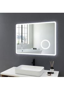 Meykoers - Miroir de salle de bain led 90x70cm avec éclairage anti-buée et Horloge Miroir Lumière Cosmétique Miroir grossissant 3x, Commutateur