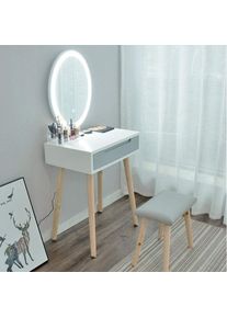 Puluomis - Coiffeuse avec Miroir led Table de maquillage Coiffeuse et tabouret Miroir ovale + 1 Tiroir gris - Blanc