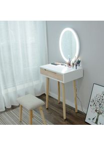 Coiffeuse avec Miroir led Table de maquillage Coiffeuse et tabouret Miroir ovale + 1 Tiroir en bois - Blanc