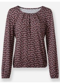 Dames Shirt met print en met elastiek in mouwen en zoom in zwart/roestrood bedrukt ,maat 36, WITT, 95% Viscose, 5% Elastan