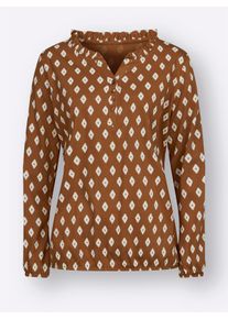 Dames Shirt met lange mouwen en ruches bij de hals in cognac/ecru bedrukt ,maat 36, WITT, 50% Katoen, 50% Modal