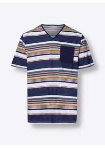Heren Pyjama-Shirt in nachtblauw/wit gestreept ,maat 44/46, WITT, 100% Katoen