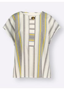 Dames Blouse met korte mouwen en zijsplitten in steengrijs gestreept ,maat 38, WITT, 100% Katoen