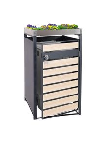 1er Mülltonnenverkleidung mit Pflanzkasten HWC-J81, erweiterbar, 125x68x80cm Metall 31kg, anthrazit ~ Buche-Holzoptik