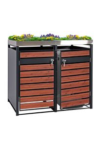 2er Mülltonnenverkleidung mit Pflanzkasten HWC-J81, erweiterbar, 125x132x80cm Metall 47kg, anthrazit ~ Kirsche-Holzoptik