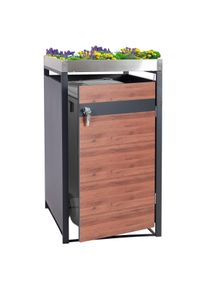 1er Mülltonnenverkleidung mit Pflanzkasten HWC-J82, erweiterbar, Metall 37kg, anthrazit ~ Kirsche-Holzoptik dunkelbraun