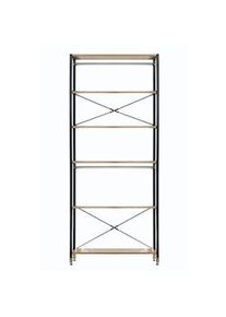 Möbilia Möbilia estantería con estante | 6 estantes, 2 barras de ropa | MDF con decoración de acacia, marco de metal | An85xPr30xAl210 cm | natural-negro