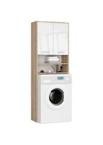 Mueble pour machine à laver Chêne Sonoma 64 cm 2 portes façade Blanche Brillante 4 étagères 64x30x180 cm