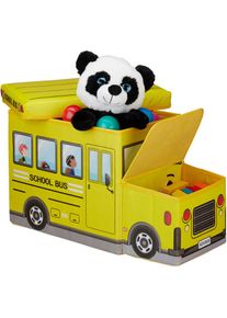 Tabouret Coffre à jouets boîte à jouets couvercle pouf enfant pliable bus école 50 litres, jaune - Relaxdays