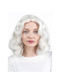 maskworld Parrucca lunga fino alle spalle, bianca e ondulata