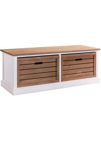 Idimex - Banc de rangement cornelia meuble bas coffre avec 2 caisses, en bois de paulownia blanc et brun style maison de campagne - Blanc/Brun