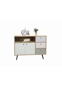 Möbilia Möbilia Aparador|2 puertas,3 cajones,1 compartimento abierto|MDF lámina lisa de reproducción|blanco lavado frente azul y blanco|An106,5xF39xAl77cm
