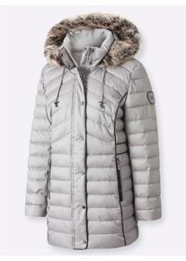 Dames Gewatteerde jas met afneembaar imitatiebont in lichtgrijs/grijs gedessineerd ,maat 18, WITT, 100% Polyester. Imitatiebont: 87% Polyacryl, 13% Polyester