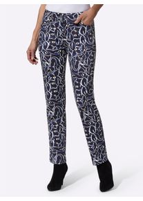 Dames Broek met print van stretchmateriaal in marine/koningsblauw bedrukt ,maat 19, WITT, 98% Katoen, 2% Elastan