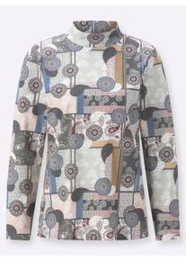 Dames Poloshirt met lange mouwen en patchworkdessin in grijs/bordeaux bedrukt ,maat 38, WITT, 100% Katoen