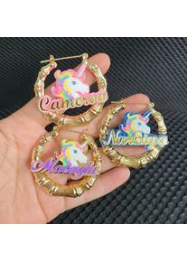 Customize Unicorn Name Earrings Bamboo Style Custom Hoop Earrings With Statement Words Numbers C34