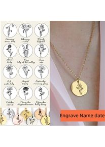 Customized Birth Flower Necklace with Birth Stone Engraved Name Date ID Stainless Steel Round Pendant Birthday Gift