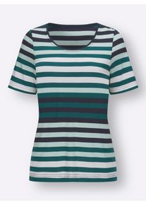 Dames Shirt met korte mouwen en in het garen geverfd patroon in petrol/marine gestreept ,maat 36, WITT, 50% Katoen, 50% Modal