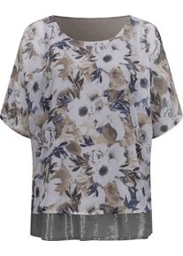 Dames Blouse met korte mouwen lichtgrijs/jeansblauw bedrukt Maat 54