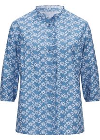 Dames Blouse met ruches middenblauw/wit gedessineerd Maat 50