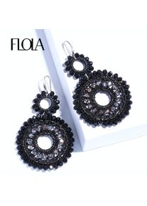FLOLA Bohemia Crystal Beads Woven Earrings Woman Handmade Black Beads Big Earrings Ethnic Oorbellen Big Drop Earring ersm93